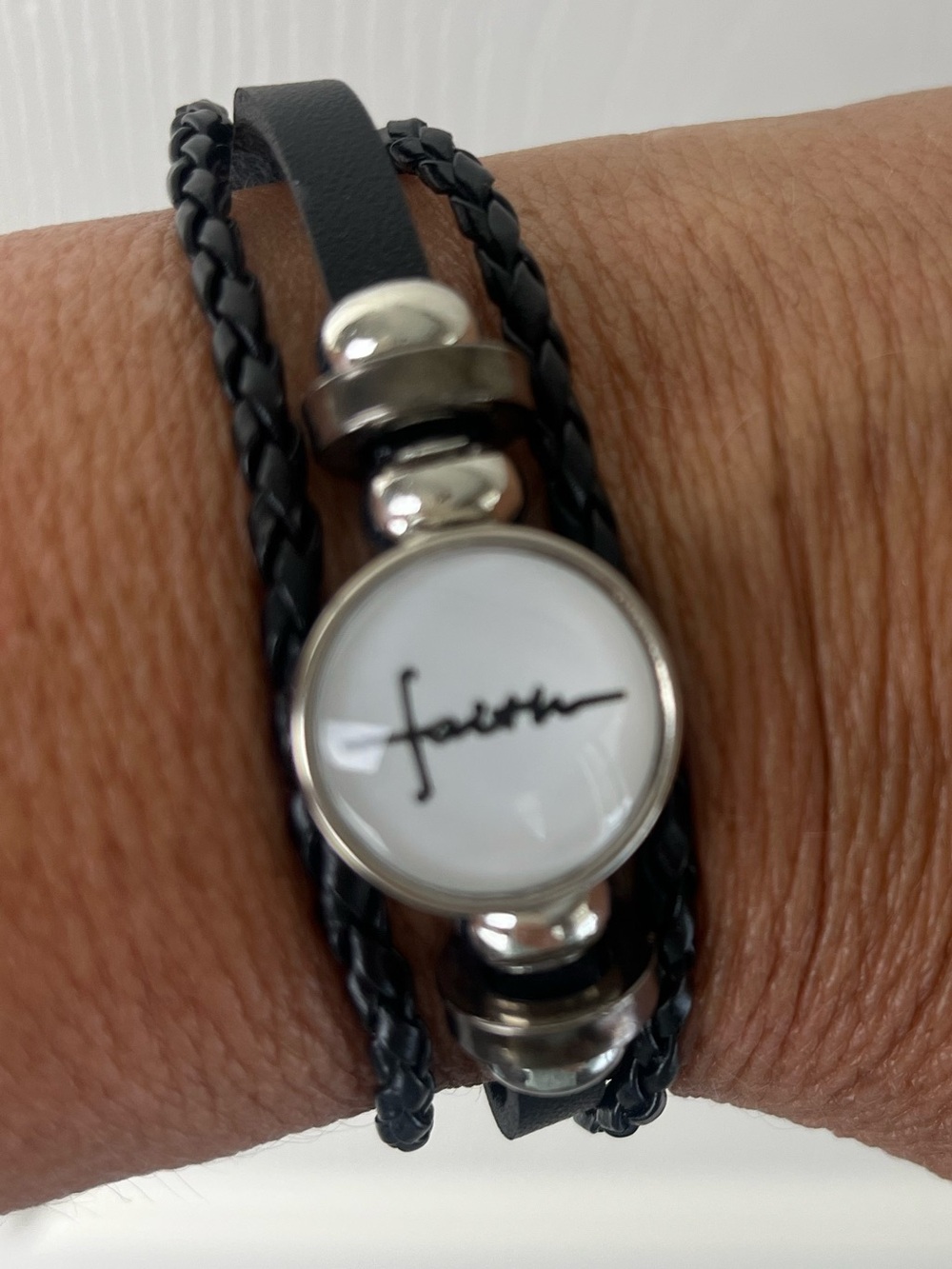Faith Script Black Leather Wrap Bracelet